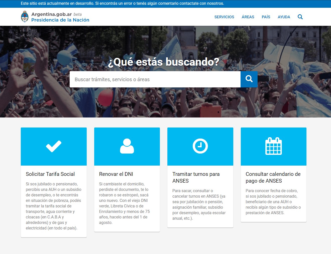 Argentina.gob.ar home page in its first public version, with a search box asking what you are looking for and cards for the most requested services.